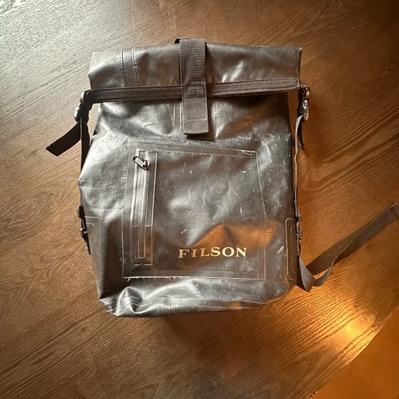 Filson Black Roll-Top Waterproof Backpack with Front Zip Pocket - Picture 3 of 8